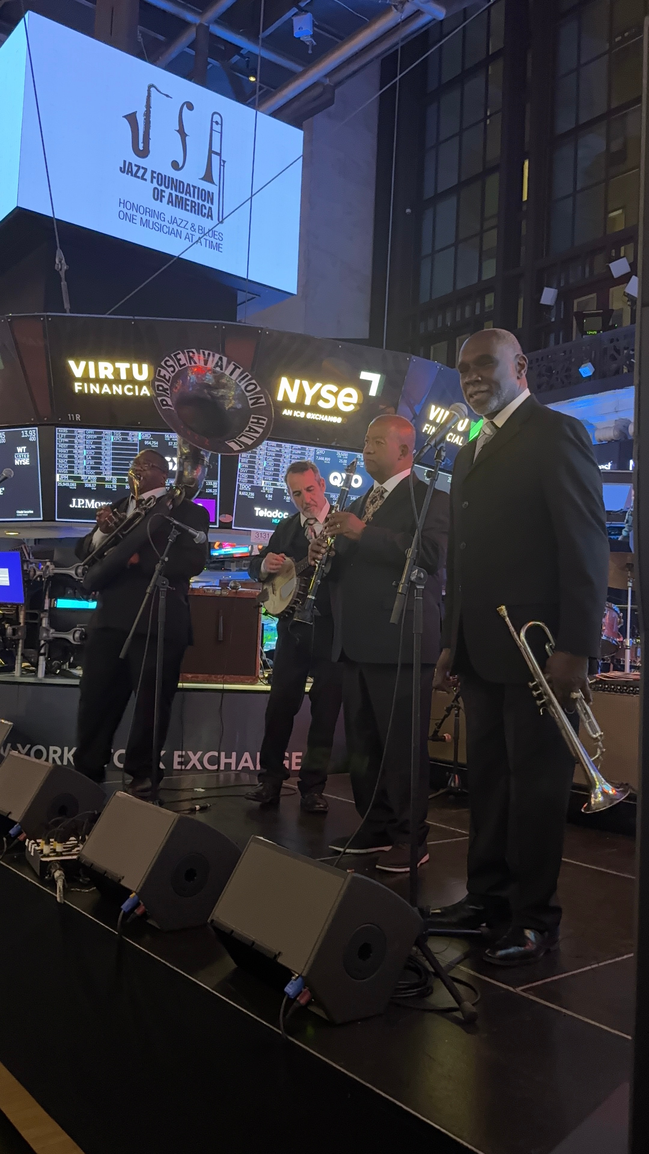 Jazz Foundation of America musicians performing at the New York Stock Exchange